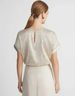 Burlap Print Crinkle Stretch Silk T-Shirt Blouse