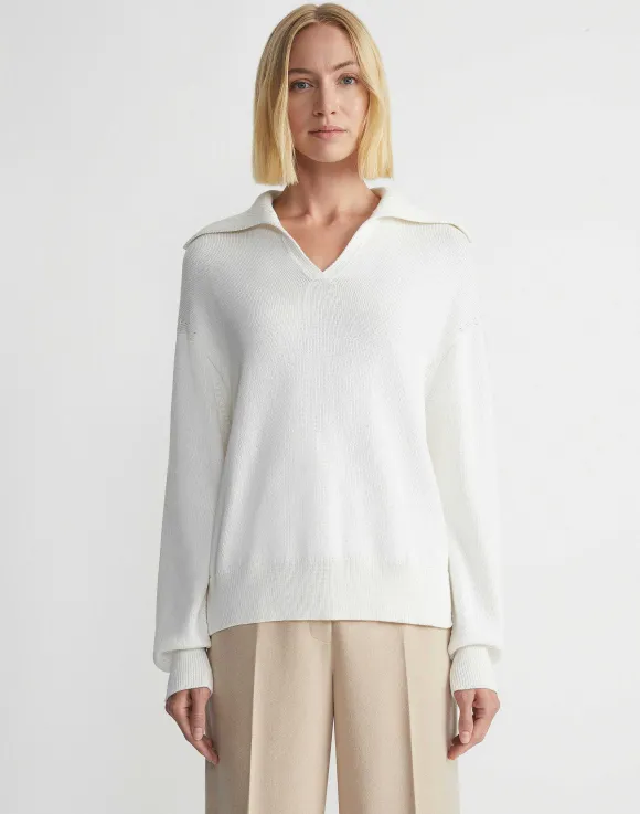 Cotton-Silk Tape Collared Sweater