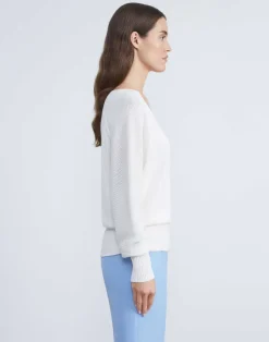 Cotton-Silk Tape Wide V-Neck Dolman Sweater