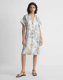 Eco Fern Print Silk Twill Tunic Button Dress