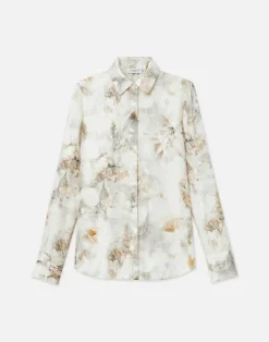 Eco Leaves Print Silk Twill Buttoned Blouse