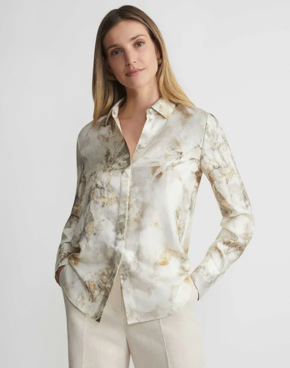 Eco Leaves Print Silk Twill Buttoned Blouse