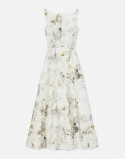 Eco Leaves Print Silk-Linen Bateau Gown