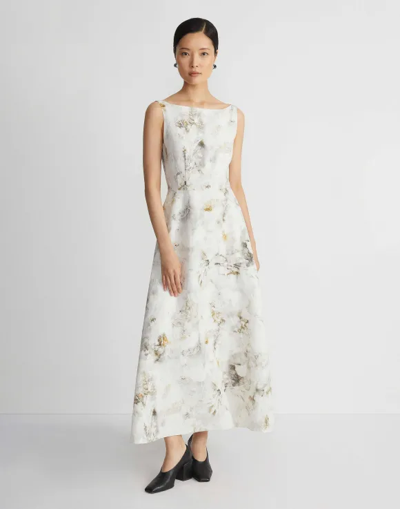 Eco Leaves Print Silk-Linen Bateau Gown