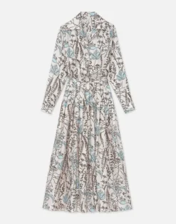 Flora Trail Print Silk Twill Pleated Shirtdress