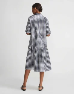 Gingham Crinkle Cotton-Linen Drop Waist Shirtdress