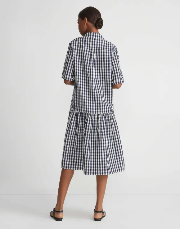 Gingham Crinkle Cotton-Linen Drop Waist Shirtdress