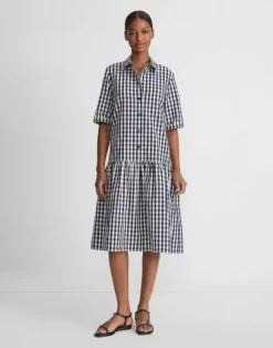 Gingham Crinkle Cotton-Linen Drop Waist Shirtdress