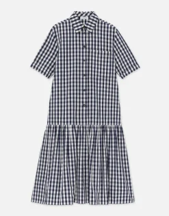 Gingham Crinkle Cotton-Linen Drop Waist Shirtdress