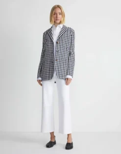 Gingham Crinkle Cotton-Linen Three Button Blazer