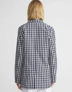 Gingham Crinkle Cotton-Linen Three Button Blazer