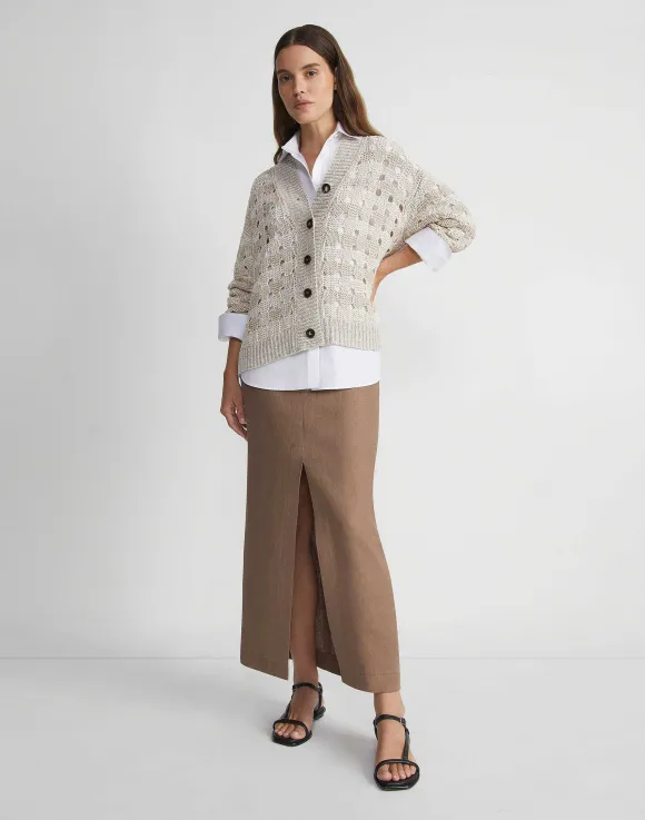 Gingham Sustainable Linen-Silk Chainette Open Stitch Cardigan