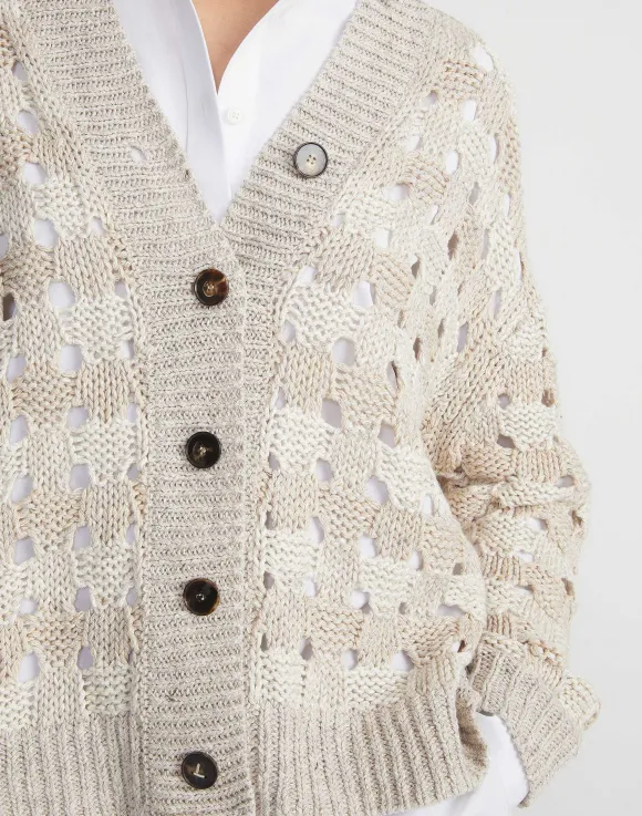 Gingham Sustainable Linen-Silk Chainette Open Stitch Cardigan