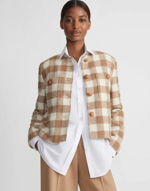 Gingham Wool Collarless Buttoned Jacket