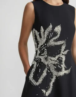 Hand-Beaded Rose Wool-Silk Crepe Sleeveless Dress