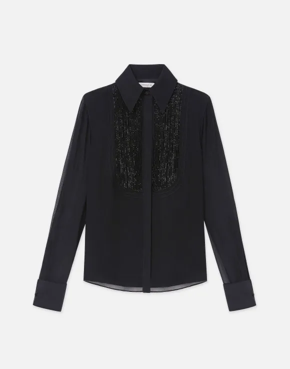 Hand-Beaded Silk Georgette Pintuck Blouse
