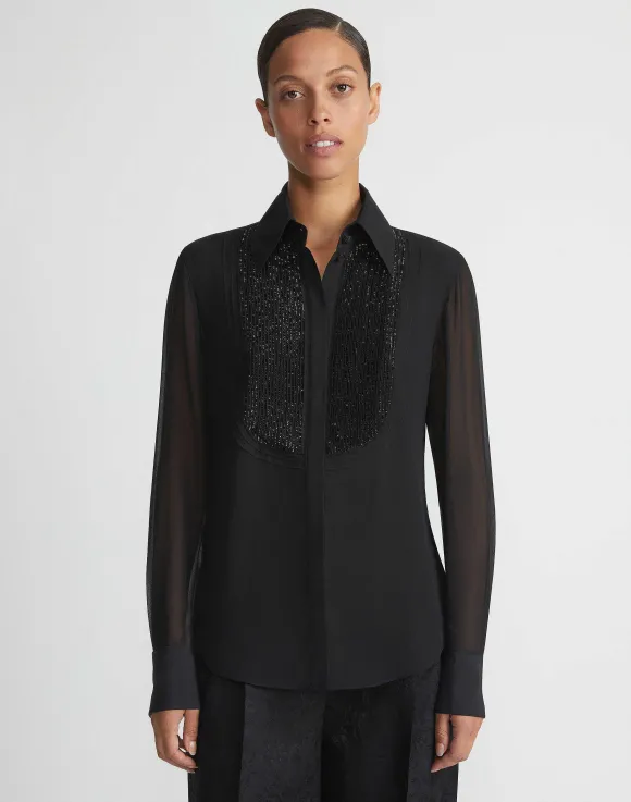 Hand-Beaded Silk Georgette Pintuck Blouse