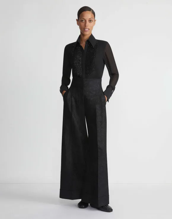 Hand-Beaded Silk Georgette Pintuck Blouse