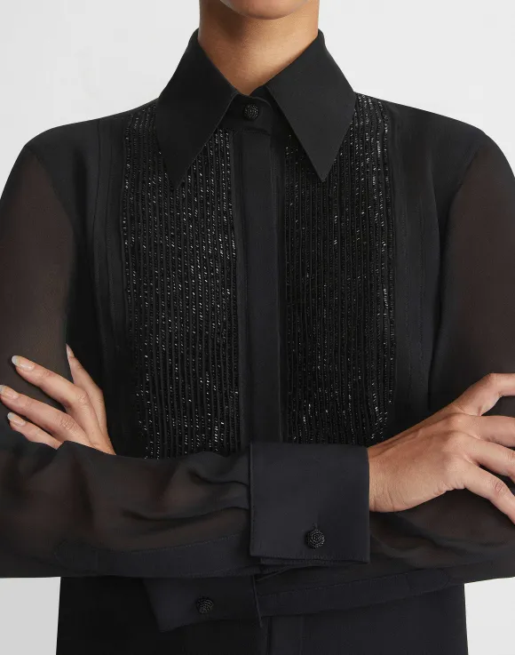 Hand-Beaded Silk Georgette Pintuck Blouse