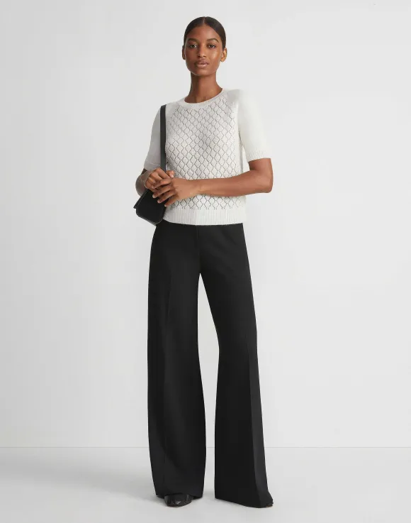 Hand-Embellished Cashmere Lace Stitch Short Sleeve Sweater