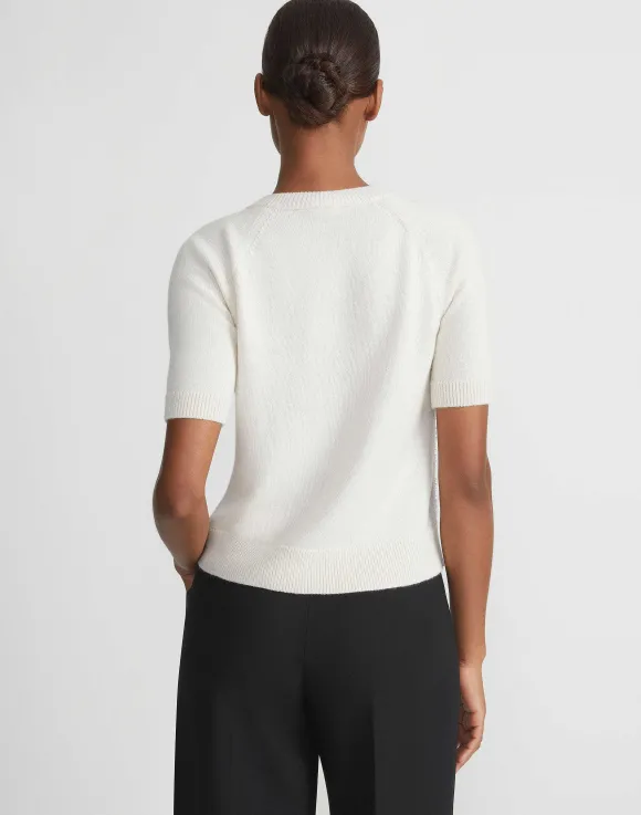 Hand-Embellished Cashmere Lace Stitch Short Sleeve Sweater