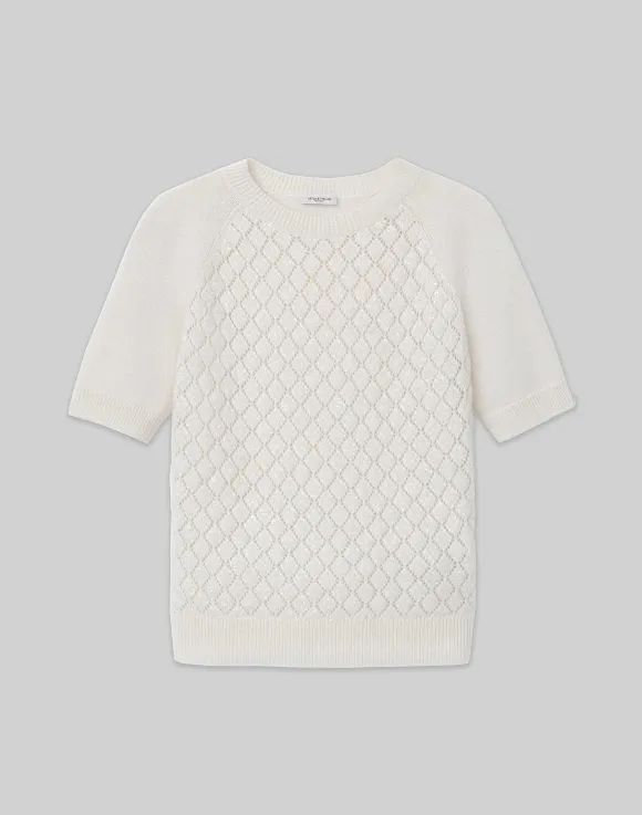 Hand-Embellished Cashmere Lace Stitch Short Sleeve Sweater