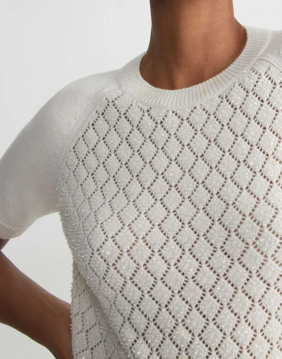 Hand-Embellished Cashmere Lace Stitch Short Sleeve Sweater