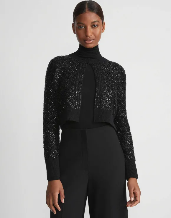 Hand-Embellished Cashmere Lace Stitch Cropped Cardigan