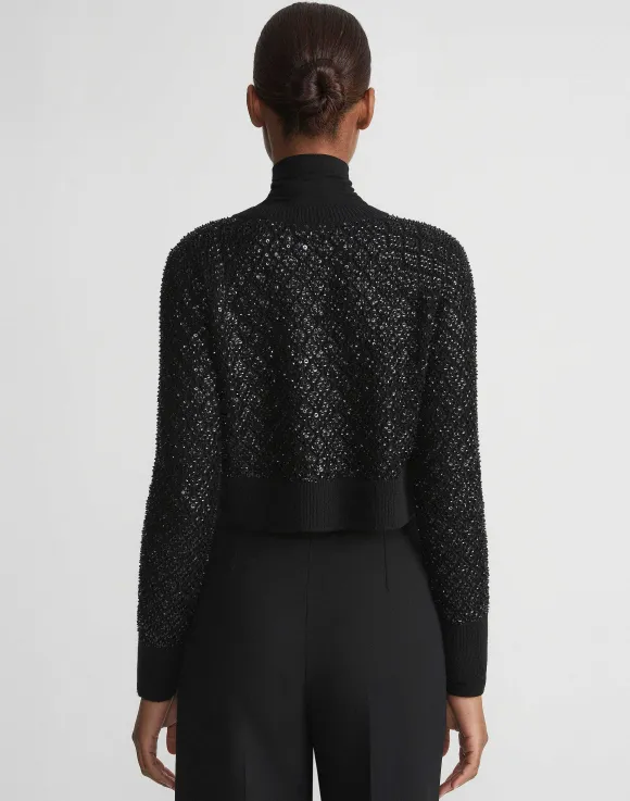 Hand-Embellished Cashmere Lace Stitch Cropped Cardigan