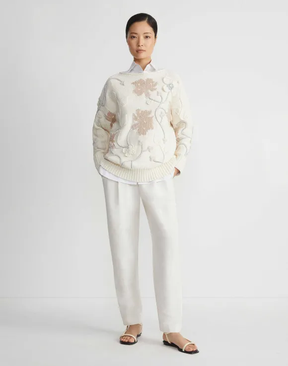 Hand-Embroidered Flora Bloom Cotton-Wool Chainette Sweater