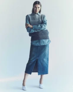 L148 Denim Slit Front Midi Skirt