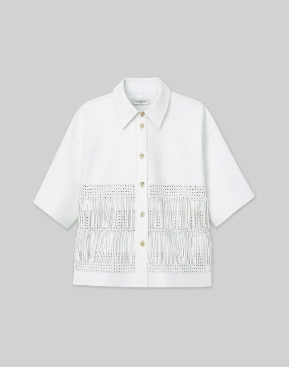Lambskin Leather Hand Basketweave Fringed Shirt Jacket