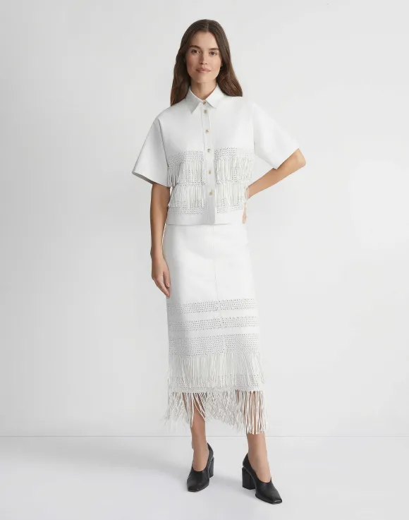Lambskin Leather Hand Basketweave Fringed Shirt Jacket