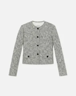 Linen-Cotton Boucl Tweed Collarless Buttoned Jacket