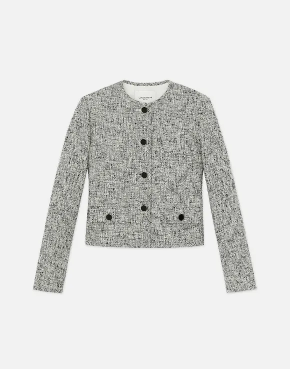 Linen-Cotton Boucl Tweed Collarless Buttoned Jacket