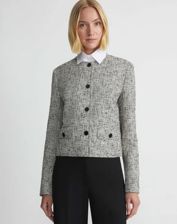 Linen-Cotton Boucl Tweed Collarless Buttoned Jacket