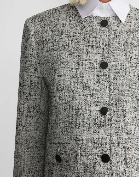 Linen-Cotton Boucl Tweed Collarless Buttoned Jacket