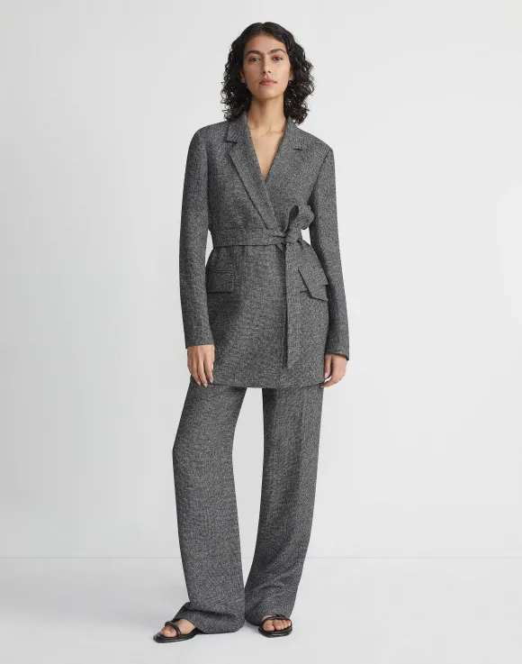 Marled Linen Basketweave Belted Blazer