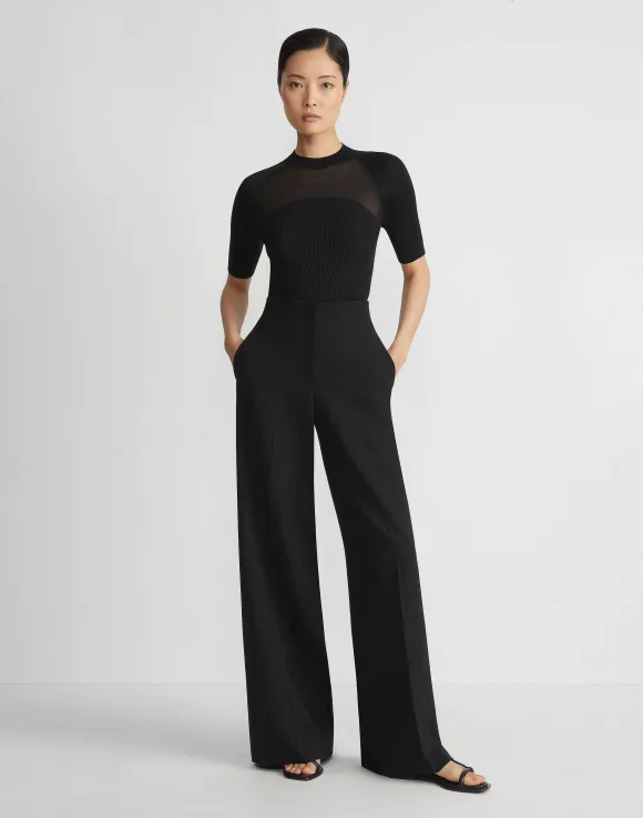Merino-Silk Ribbed Sheer Yoke Sweater