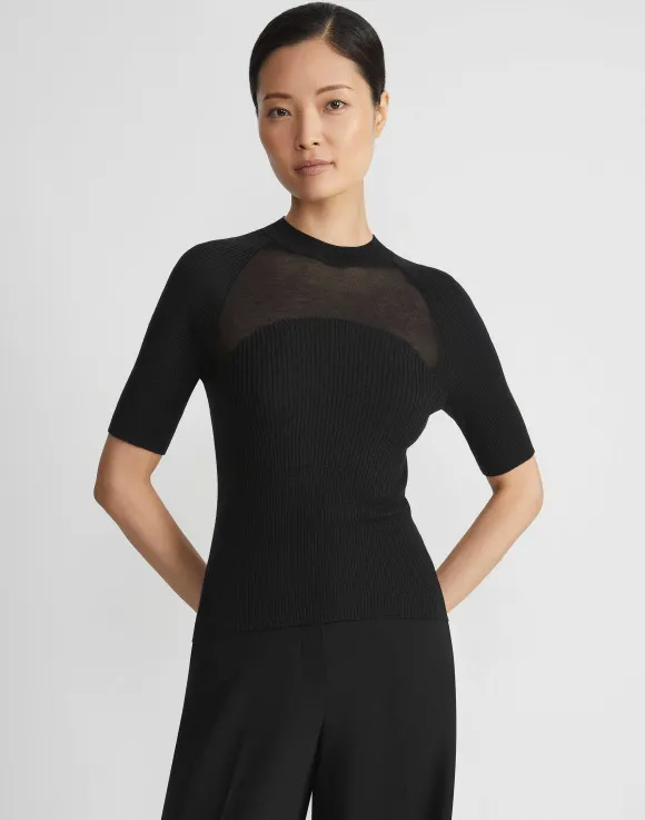 Merino-Silk Ribbed Sheer Yoke Sweater