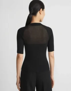 Merino-Silk Ribbed Sheer Yoke Sweater