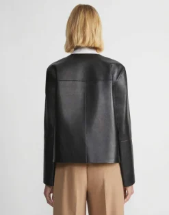 Nappa Leather Collarless Open Front Jacket