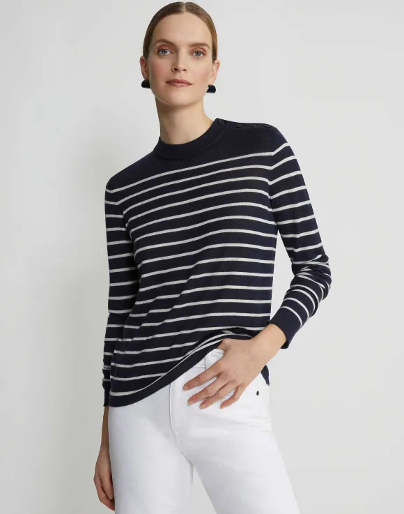 Naval Stripe Cashmere Button Shoulder Sweater
