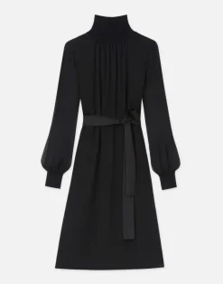 Opaque & Sheer Silk Turtleneck Dress