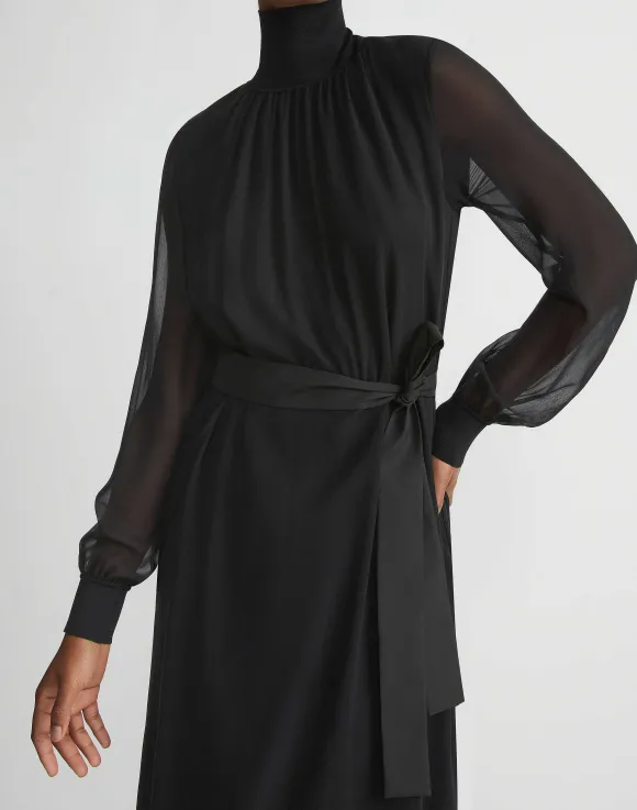 Opaque & Sheer Silk Turtleneck Dress