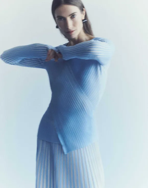 Overprint Finespun Voile Pleat Stitch Crossover Sweater