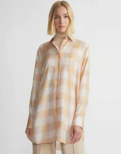 Painted Gingham Print Silk Habutai Oversized Blouse