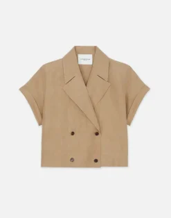 Silk-Linen Double Breasted Cropped Shirt Jacket