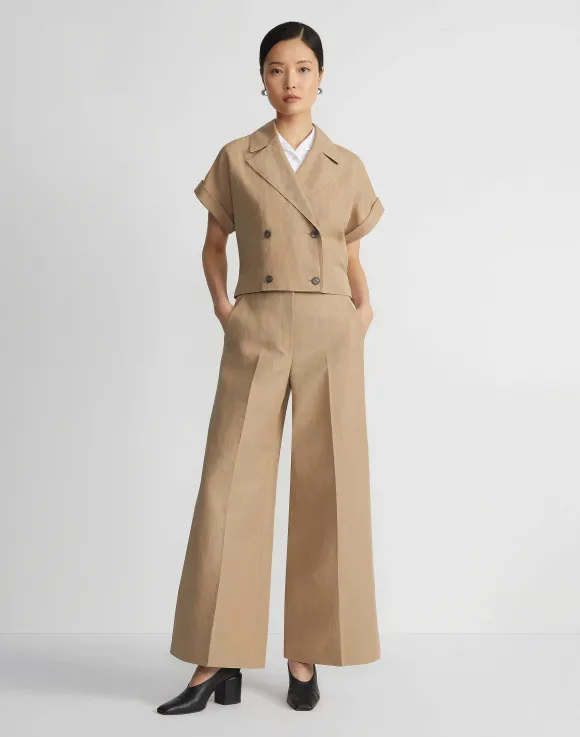Silk-Linen Double Breasted Cropped Shirt Jacket