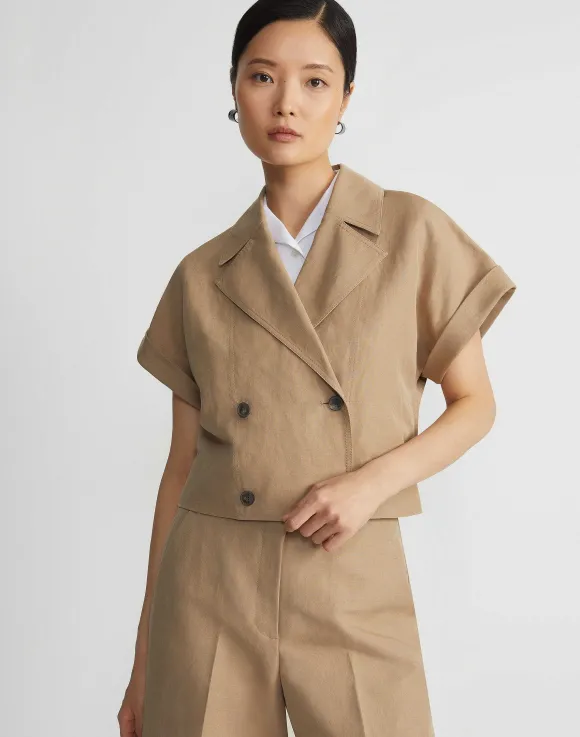 Silk-Linen Double Breasted Cropped Shirt Jacket
